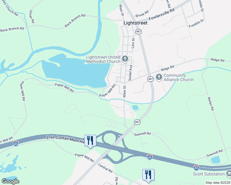 map of restaurants, bars, coffee shops, grocery stores, and more near 1250 Main St in Bloomsburg
