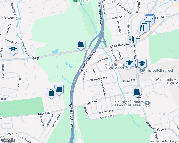 map of restaurants, bars, coffee shops, grocery stores, and more near 63 Chaucer Street in Hartsdale
