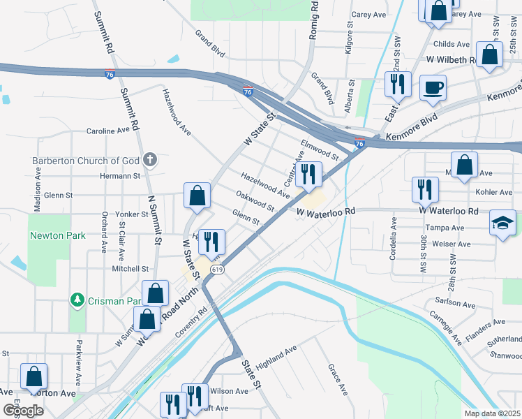 map of restaurants, bars, coffee shops, grocery stores, and more near 102 Oakwood St in Barberton