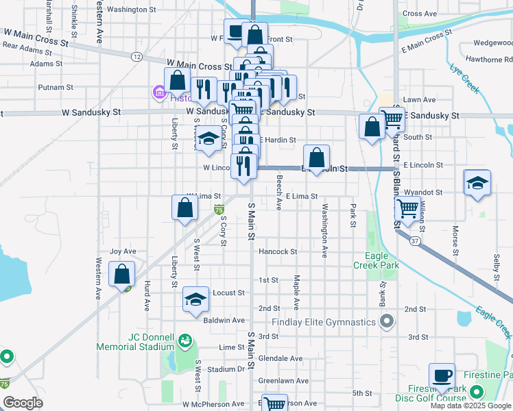 map of restaurants, bars, coffee shops, grocery stores, and more near 811 South Main Street in Findlay