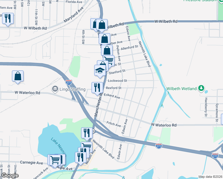 map of restaurants, bars, coffee shops, grocery stores, and more near 478 Rexford Street in Akron