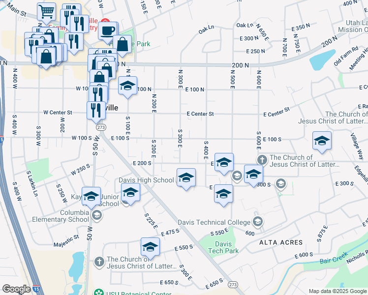 map of restaurants, bars, coffee shops, grocery stores, and more near 133 South 300 East in Kaysville