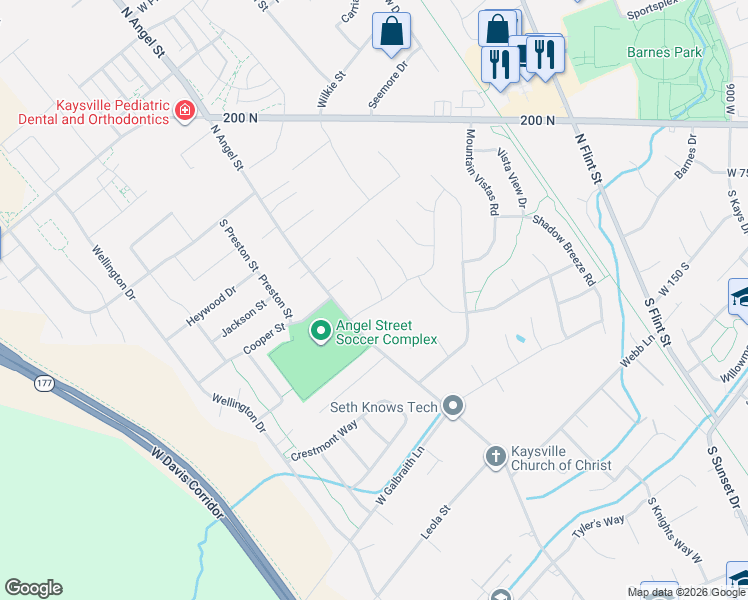 map of restaurants, bars, coffee shops, grocery stores, and more near 181 South Angel Street in Kaysville