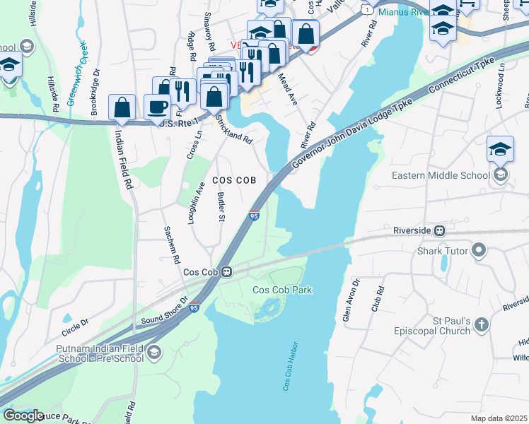 map of restaurants, bars, coffee shops, grocery stores, and more near 65 Strickland Road in Greenwich