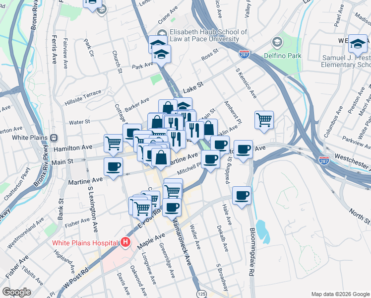 map of restaurants, bars, coffee shops, grocery stores, and more near 46 City Place in White Plains