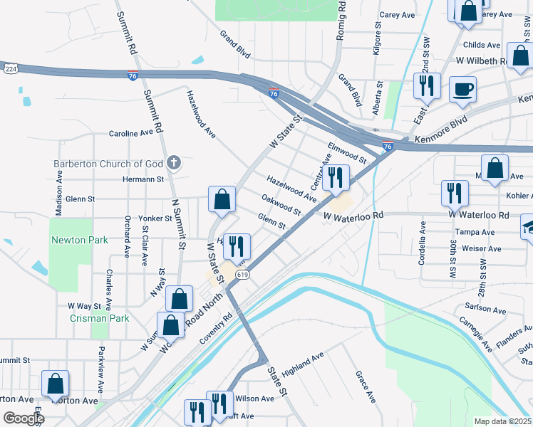 map of restaurants, bars, coffee shops, grocery stores, and more near 137 Glenn Street in Barberton