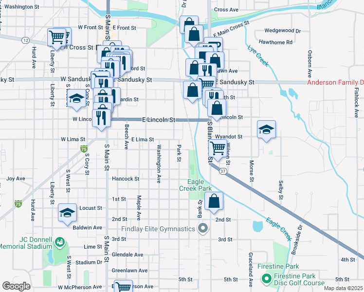 map of restaurants, bars, coffee shops, grocery stores, and more near 818 Bank Street in Findlay