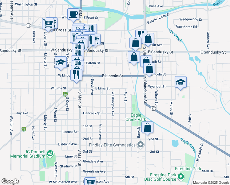map of restaurants, bars, coffee shops, grocery stores, and more near 814 Washington Avenue in Findlay
