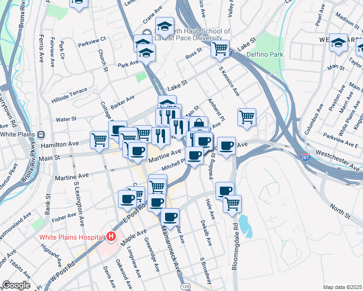 map of restaurants, bars, coffee shops, grocery stores, and more near 25 South Broadway in White Plains