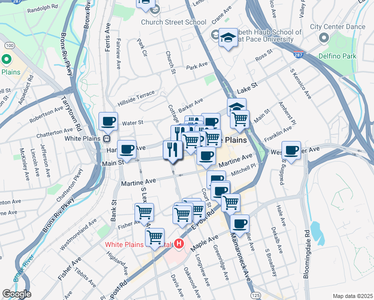 map of restaurants, bars, coffee shops, grocery stores, and more near in White Plains