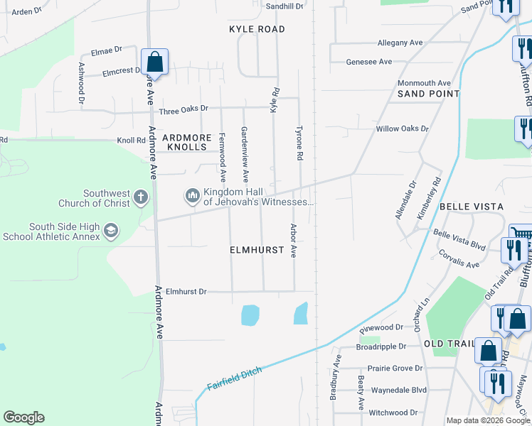 map of restaurants, bars, coffee shops, grocery stores, and more near 5615 Woodheath Avenue in Fort Wayne