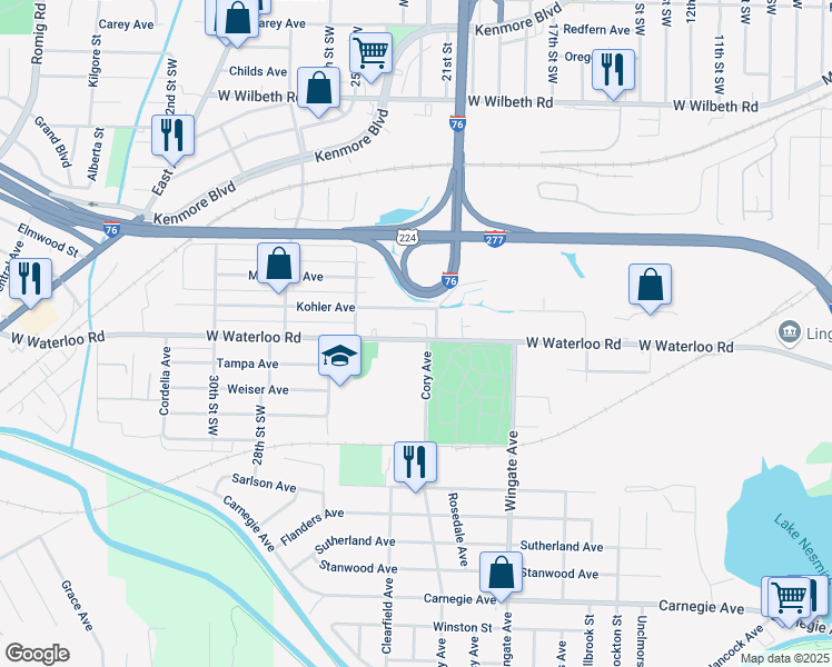 map of restaurants, bars, coffee shops, grocery stores, and more near 1135 West Waterloo Road in Akron