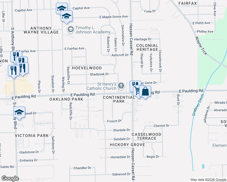 map of restaurants, bars, coffee shops, grocery stores, and more near 2911 East Paulding Road in Fort Wayne