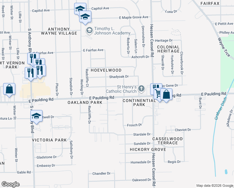 map of restaurants, bars, coffee shops, grocery stores, and more near 2715 East Paulding Road in Fort Wayne