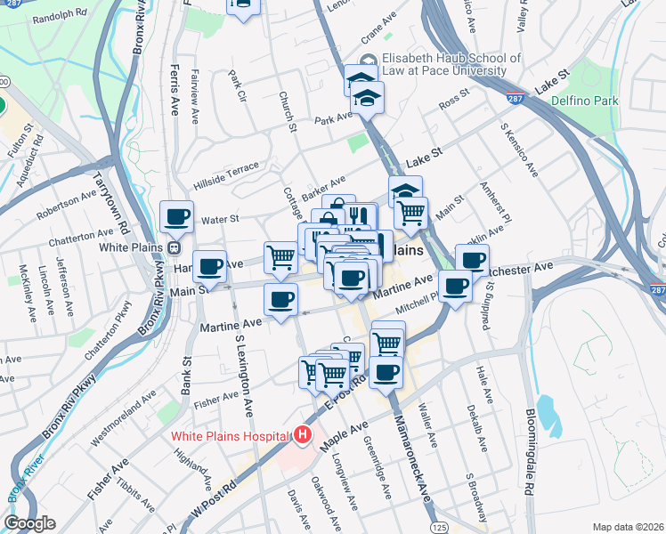 map of restaurants, bars, coffee shops, grocery stores, and more near 209 Main Street in White Plains
