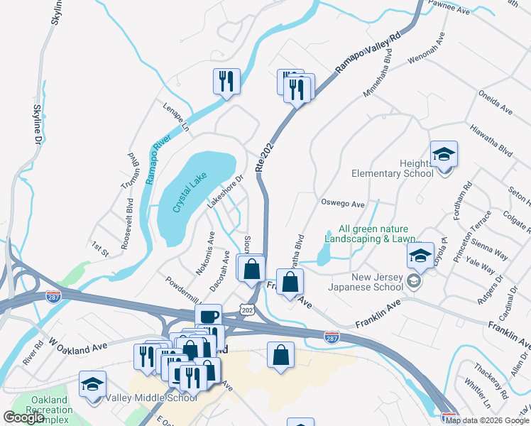 map of restaurants, bars, coffee shops, grocery stores, and more near 511 U.S. 202 in Oakland