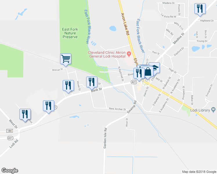 map of restaurants, bars, coffee shops, grocery stores, and more near 326 Bank Street in Lodi