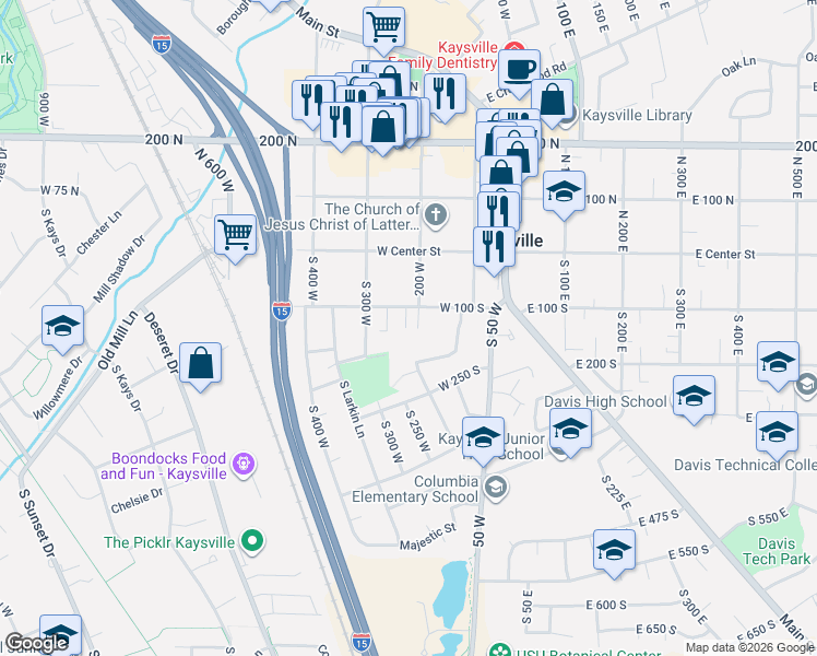 map of restaurants, bars, coffee shops, grocery stores, and more near 227 West 100 North in Kaysville
