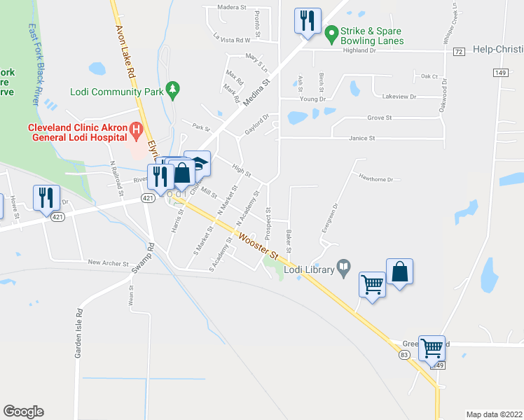map of restaurants, bars, coffee shops, grocery stores, and more near 205 Prospect Street in Lodi
