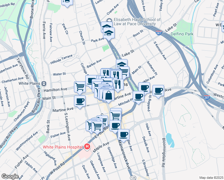 map of restaurants, bars, coffee shops, grocery stores, and more near 8 City Place in White Plains
