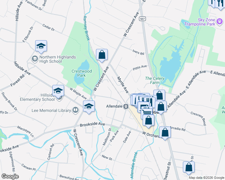 map of restaurants, bars, coffee shops, grocery stores, and more near 3 Delta Court in Allendale