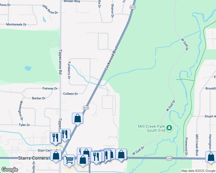 map of restaurants, bars, coffee shops, grocery stores, and more near 6723 Lockwood Boulevard in Youngstown