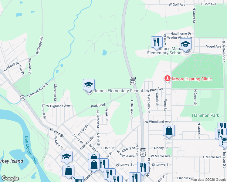 map of restaurants, bars, coffee shops, grocery stores, and more near 500-598 West Park Avenue in Ottumwa
