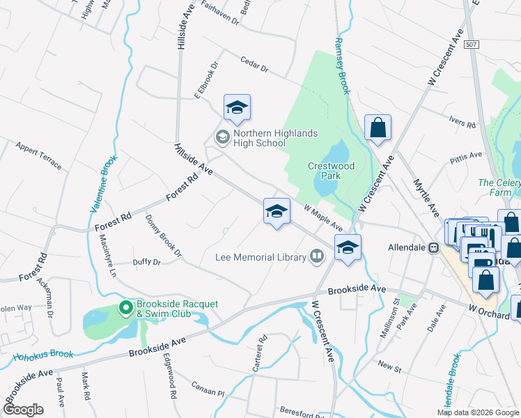 map of restaurants, bars, coffee shops, grocery stores, and more near 149 Hillside Avenue in Allendale