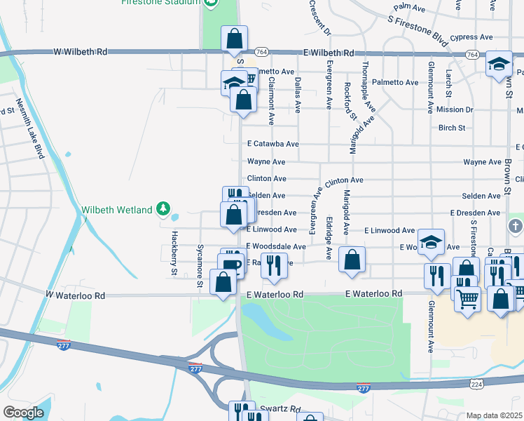 map of restaurants, bars, coffee shops, grocery stores, and more near 1998 Clairmont Avenue in Akron