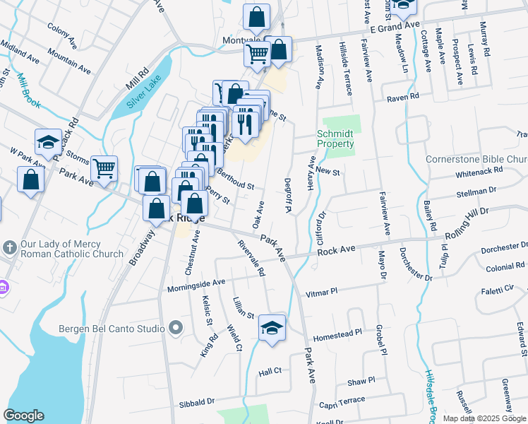 map of restaurants, bars, coffee shops, grocery stores, and more near 52 Oak Avenue in Park Ridge