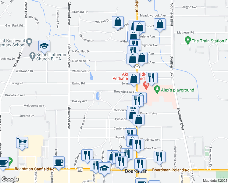 map of restaurants, bars, coffee shops, grocery stores, and more near 117 Brookfield Avenue in Youngstown