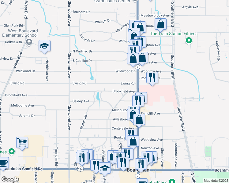 map of restaurants, bars, coffee shops, grocery stores, and more near in Boardman