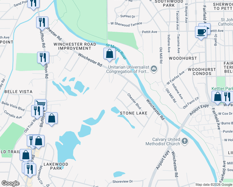 map of restaurants, bars, coffee shops, grocery stores, and more near 1720 Mayflower Road in Fort Wayne