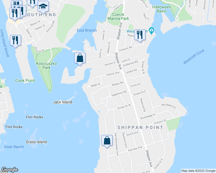 map of restaurants, bars, coffee shops, grocery stores, and more near 0 Stamford Avenue in Stamford