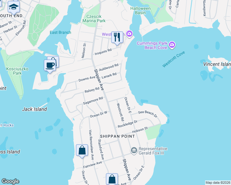 map of restaurants, bars, coffee shops, grocery stores, and more near 36 Ocean Drive West in Stamford