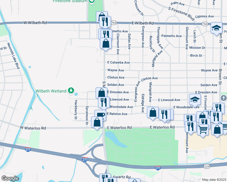 map of restaurants, bars, coffee shops, grocery stores, and more near 1998 Clairmont Avenue in Akron