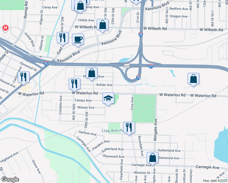 map of restaurants, bars, coffee shops, grocery stores, and more near 1175 West Waterloo Road in Akron