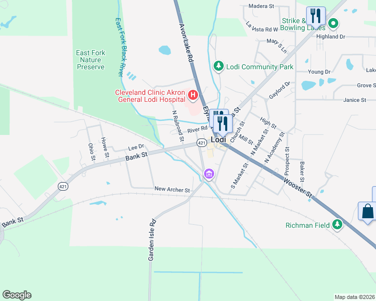 map of restaurants, bars, coffee shops, grocery stores, and more near in Lodi