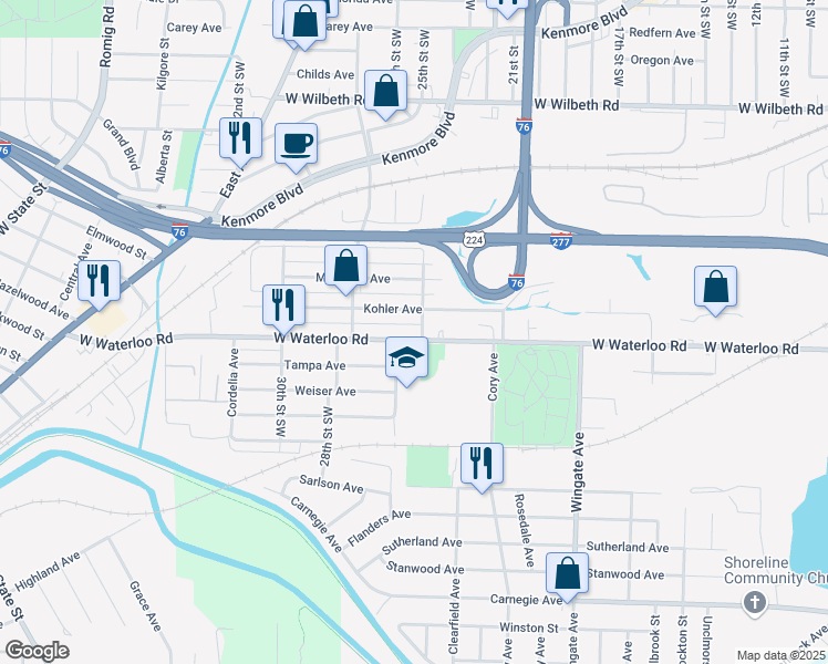 map of restaurants, bars, coffee shops, grocery stores, and more near 1211 West Waterloo Road in Akron