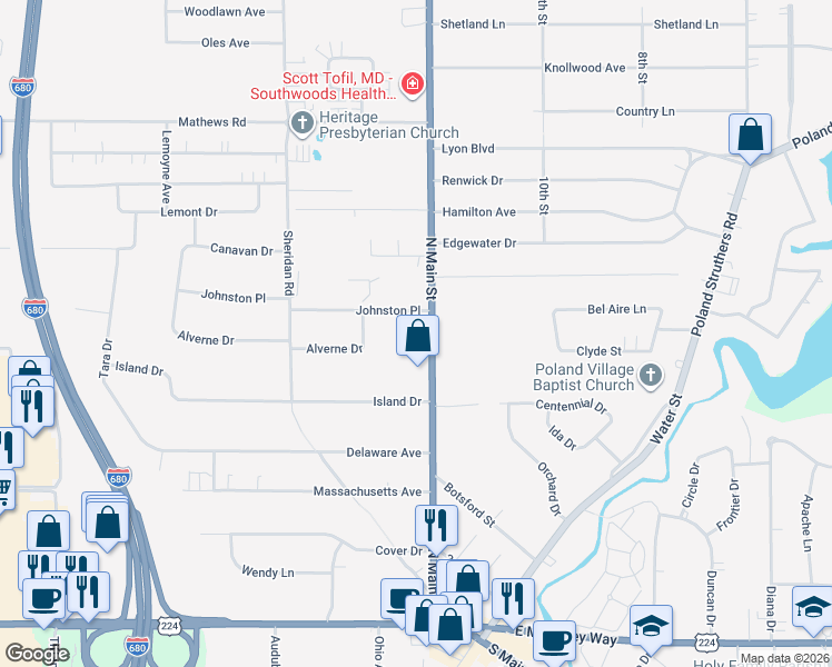 map of restaurants, bars, coffee shops, grocery stores, and more near 555 North Main Street in Poland