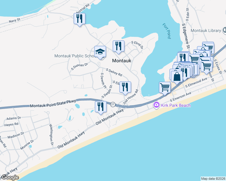 map of restaurants, bars, coffee shops, grocery stores, and more near 16 South Delphi Street in Montauk