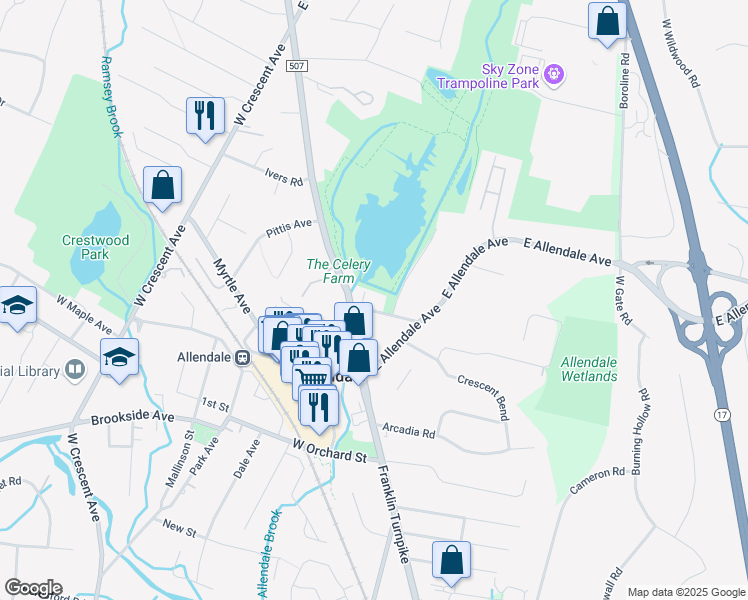 map of restaurants, bars, coffee shops, grocery stores, and more near 3 Cottage Place in Allendale
