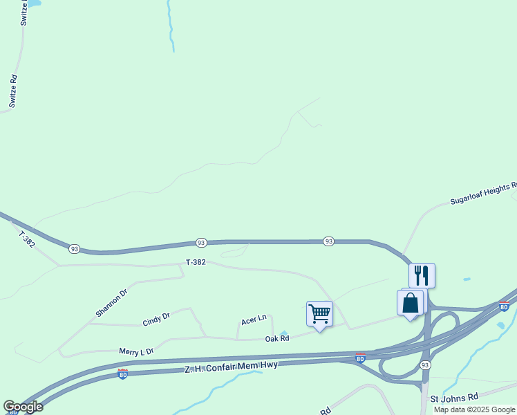 map of restaurants, bars, coffee shops, grocery stores, and more near Pennsylvania 93 in Drums