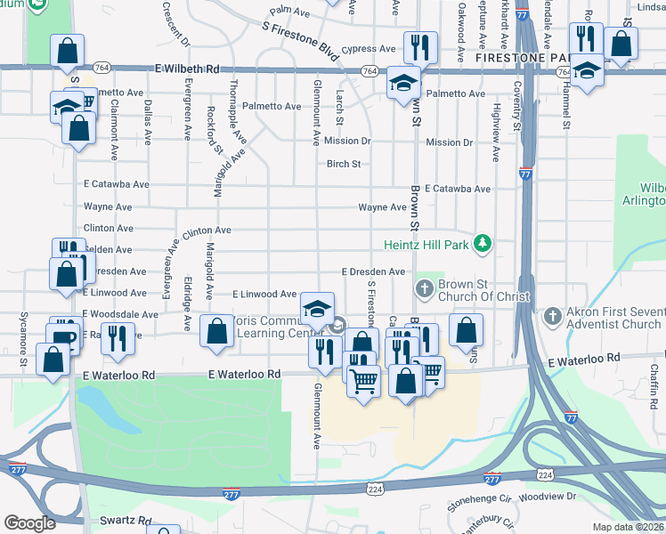 map of restaurants, bars, coffee shops, grocery stores, and more near 347 East Dresden Avenue in Akron