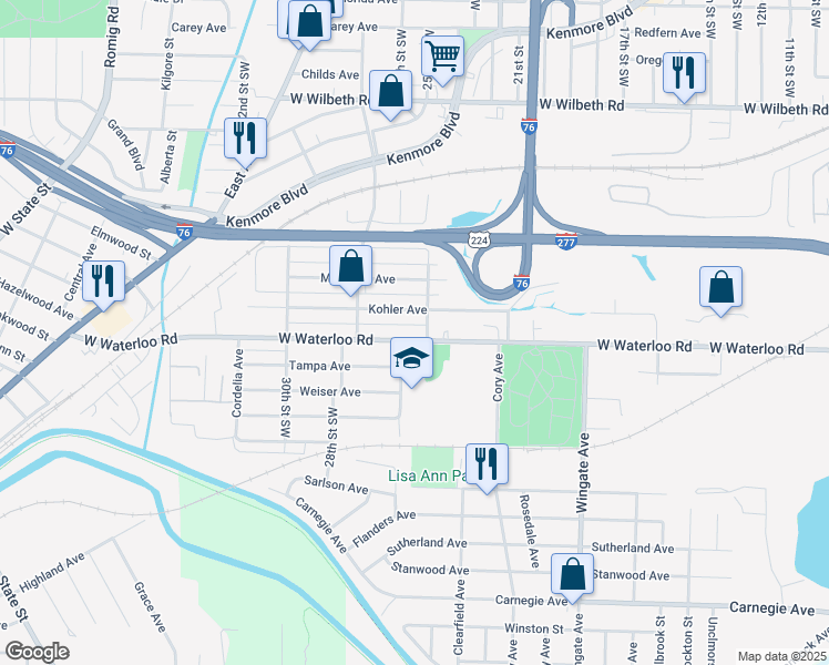 map of restaurants, bars, coffee shops, grocery stores, and more near 1215 West Waterloo Road in Akron