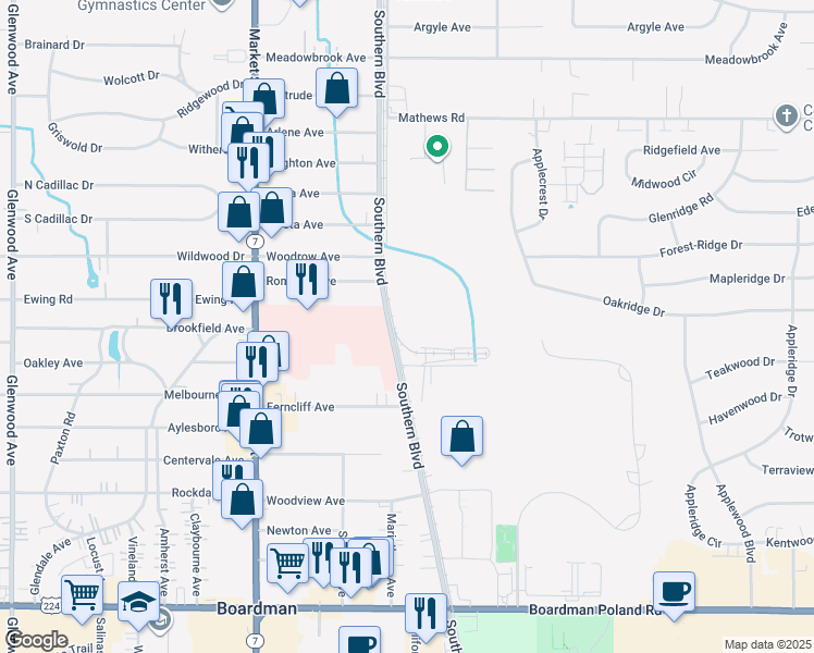 map of restaurants, bars, coffee shops, grocery stores, and more near 6401 Southern Boulevard in Boardman