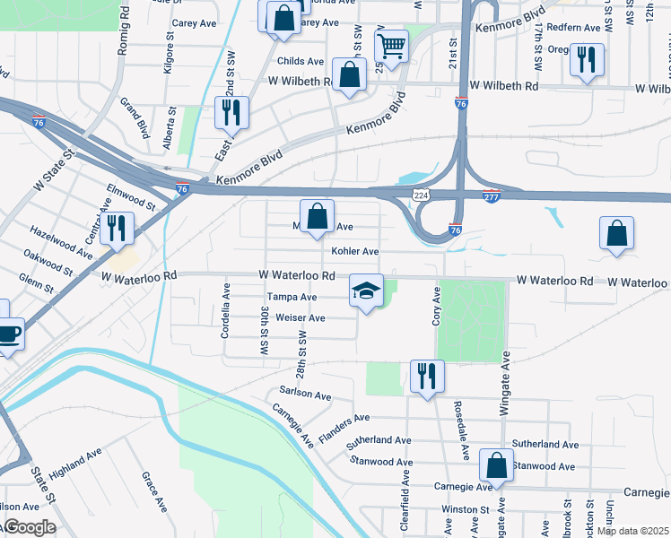 map of restaurants, bars, coffee shops, grocery stores, and more near 1259 W Waterloo Rd in Akron