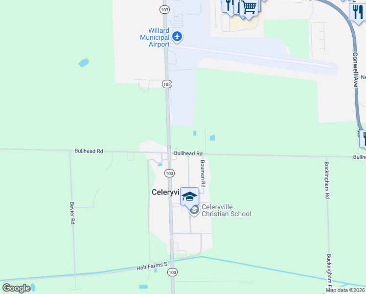 map of restaurants, bars, coffee shops, grocery stores, and more near 4030 Bullhead Road in Willard