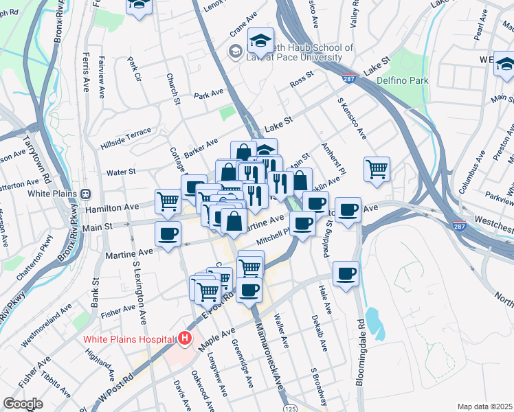 map of restaurants, bars, coffee shops, grocery stores, and more near 6 City Place in White Plains