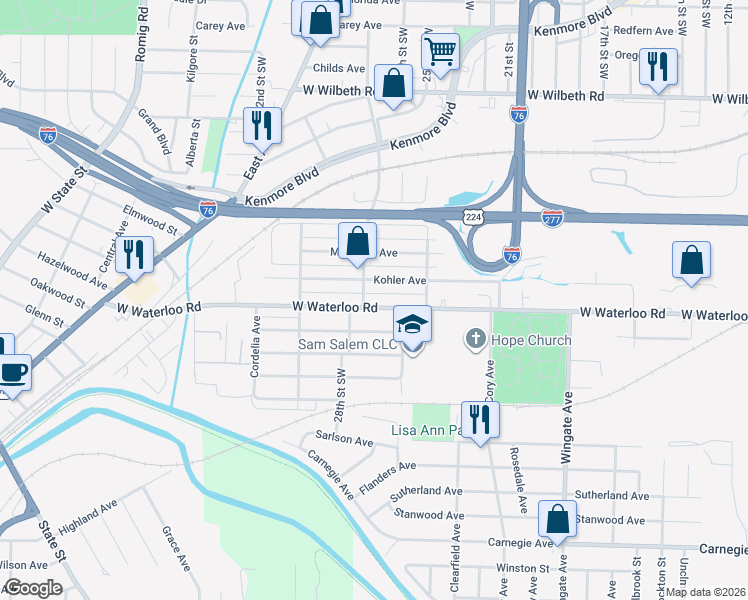 map of restaurants, bars, coffee shops, grocery stores, and more near 1259 West Waterloo Road in Akron
